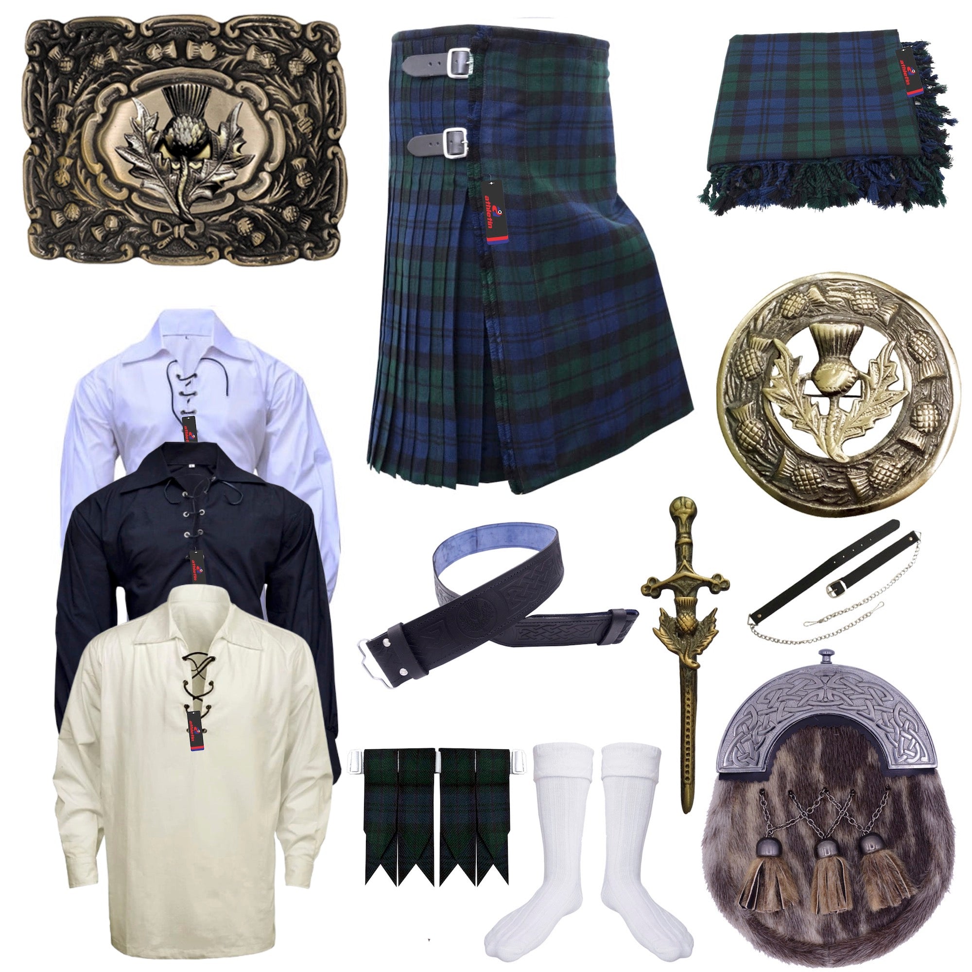 Black Watch Tartan Kilt Outfit Scottish Thistle Accessories