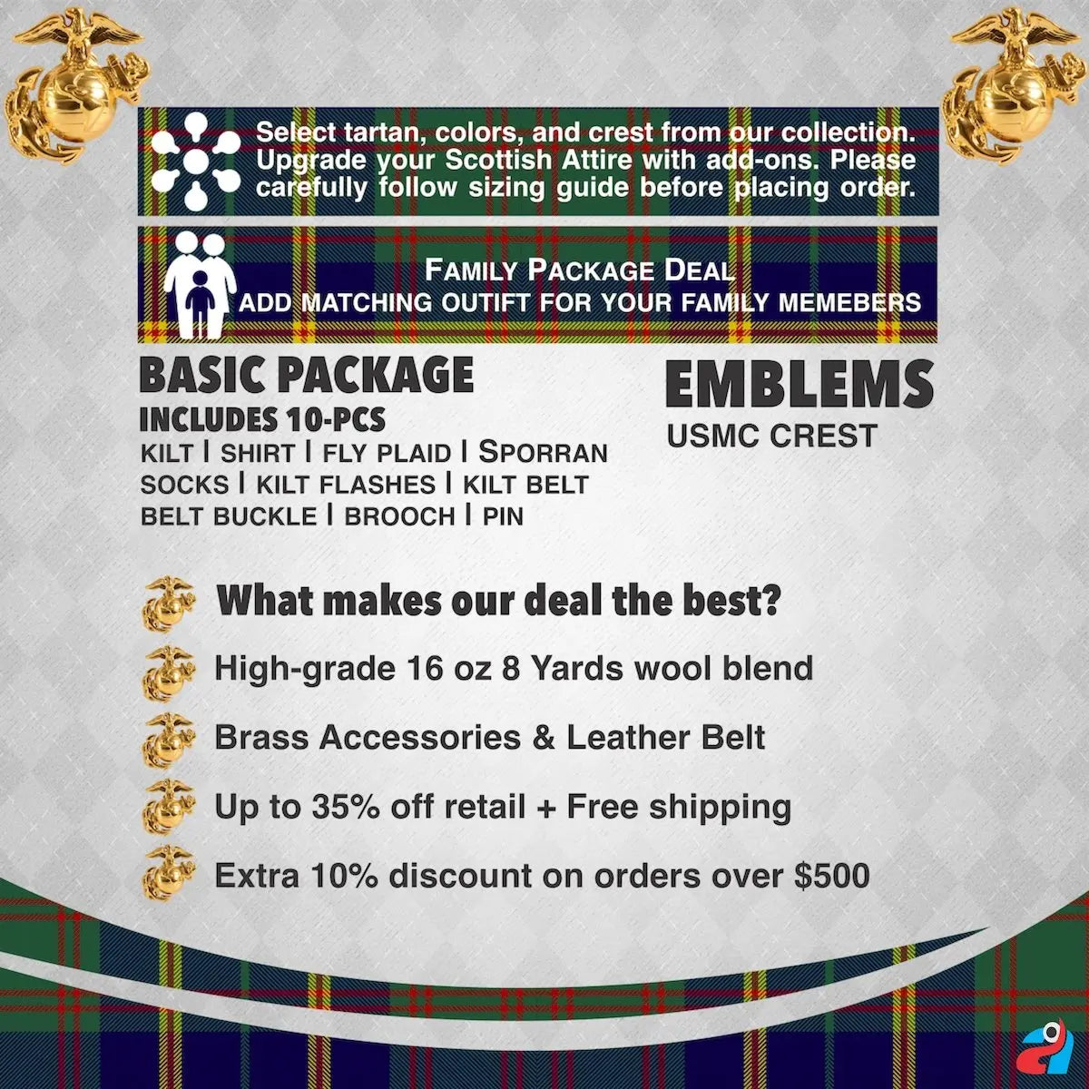 US Marine Corps Leatherneck Tartan Kilt Outfit - A Military Tradition  US Marine Corps Leatherneck Tartan Kilt Outfit - A Military Tradition