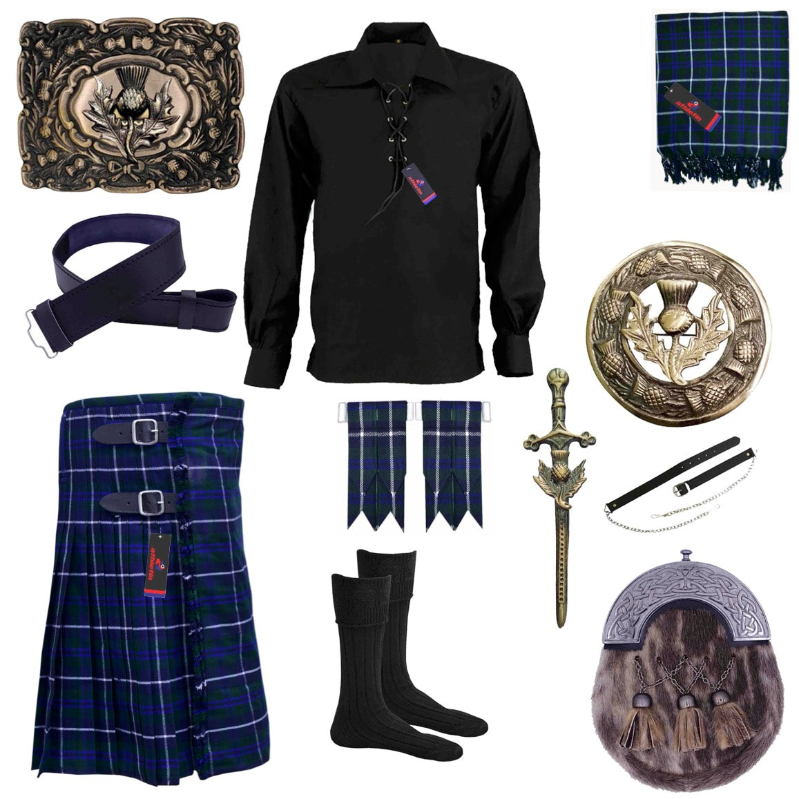 Scottish Thistle Set Blue Douglas Tartan Kilt Outfit - Athletin
