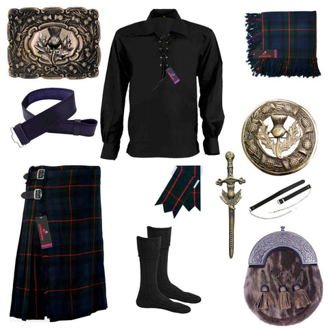 Highland Kilt Gunn Tartan Outfit Scottish Thistle Set