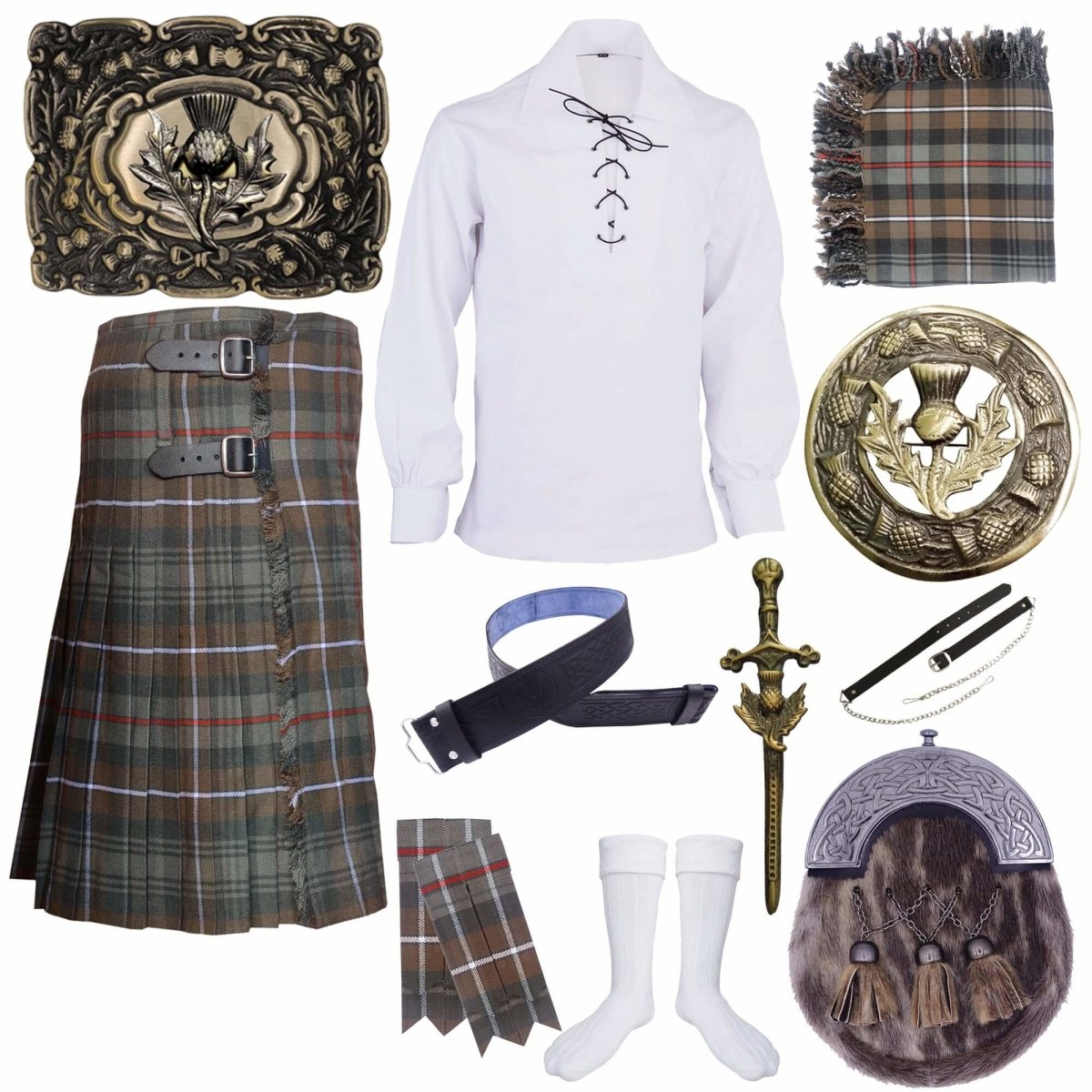 Weathered Mackenzie Kilts Outfit Scottish Thistle 10pc Set