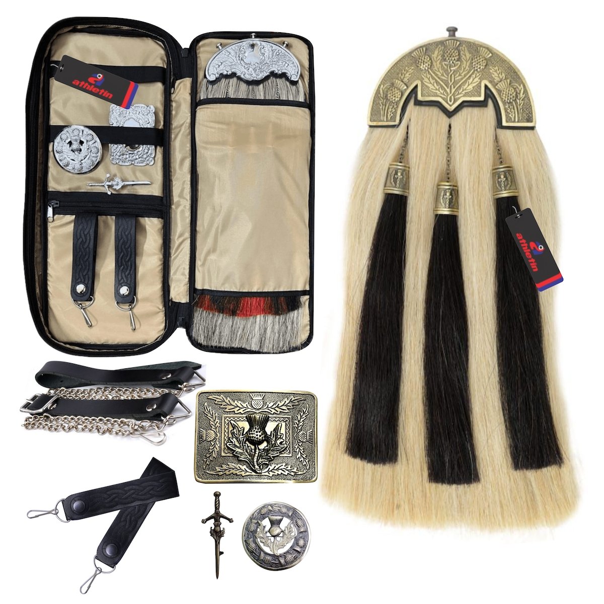 Traditional Piper Kilt Sporran with Case - Long Horsehair Full Dress