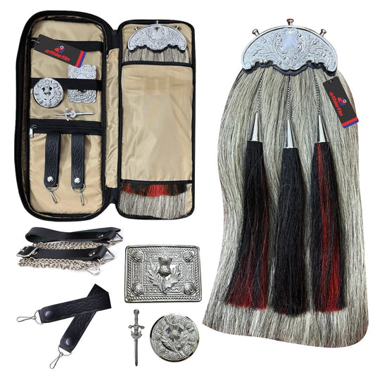 Traditional Piper Kilt Sporran with Case - Long Horsehair Full Dress